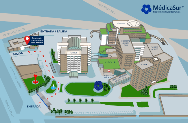 Centro de vacunación en entrada al hospital Médica Sur por Av. San Fernando